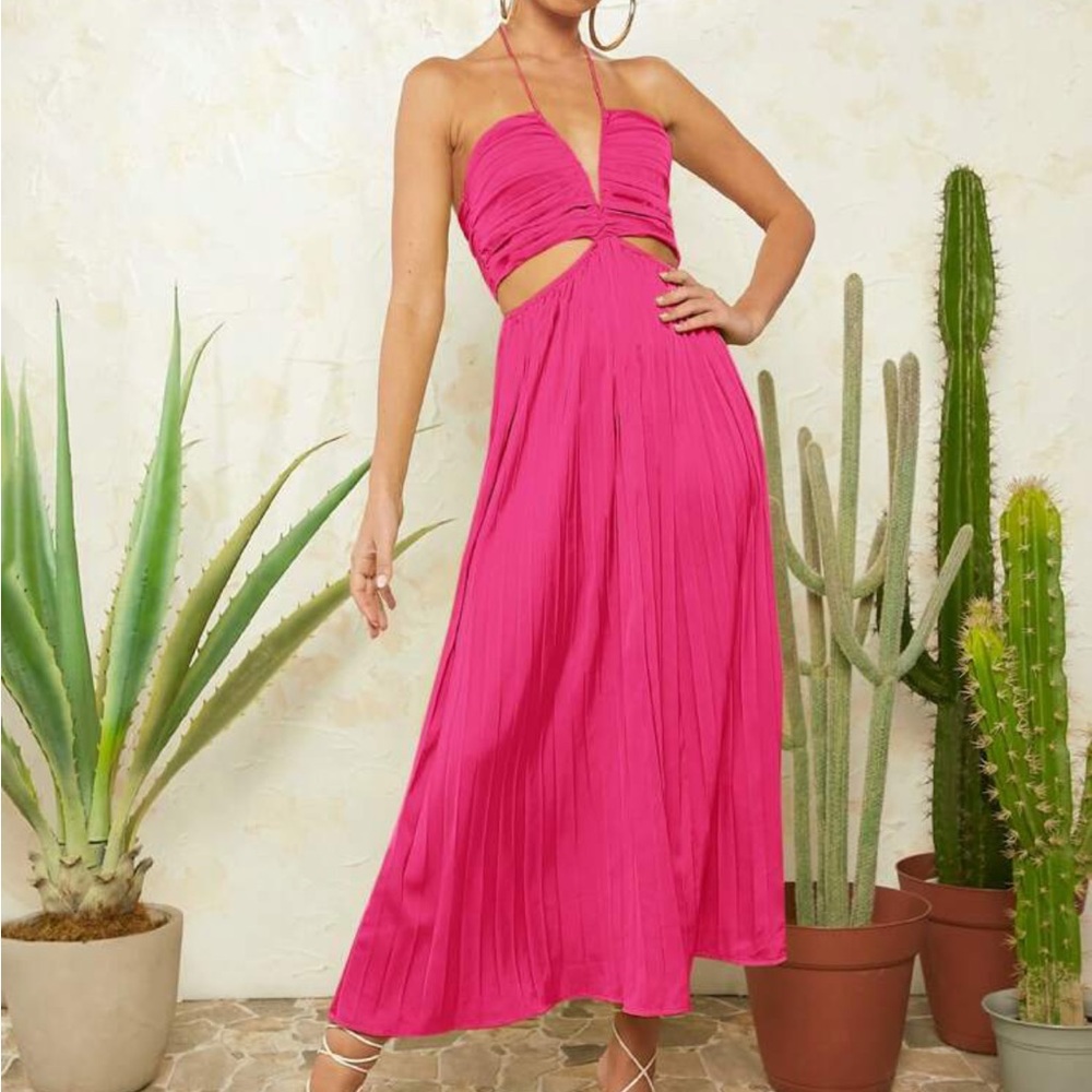 Pink Cut Out Ruched Halter neck pleated Satin midi Dress- straps can criss cross - Picture 6 of 14